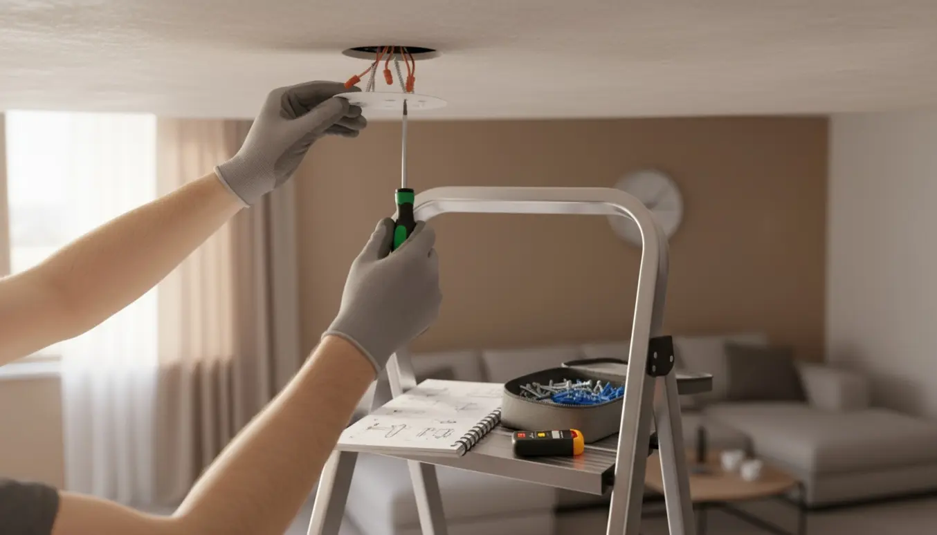 Montage af en lille loftslampe med manual og værktøj på en stige i et lyst rum.