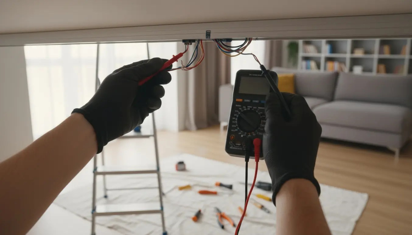 Hænder tester en strømskinne med multimeter i en stue, hvor lampen mangler strøm.