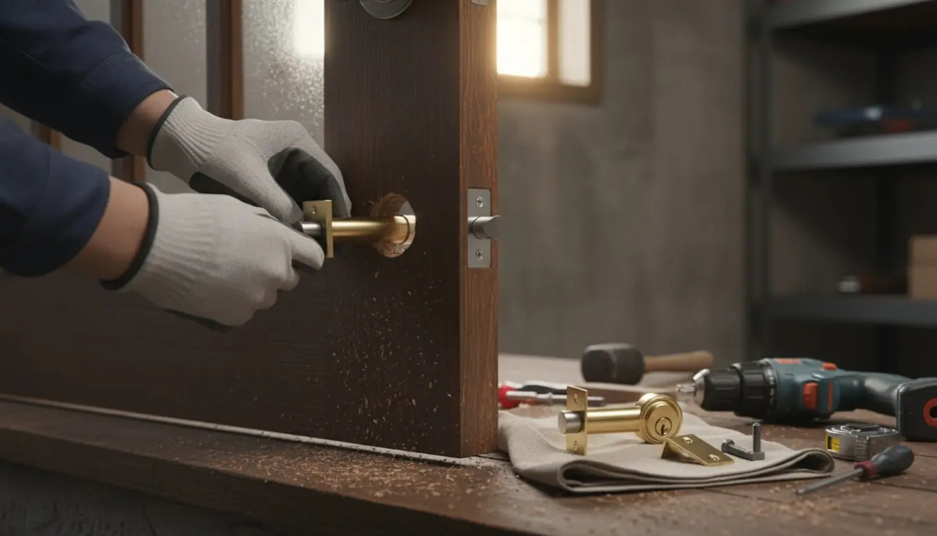 Nærbillede af hænder, der indsætter en dobbeltcylindret lås i en tyk kælderdør.