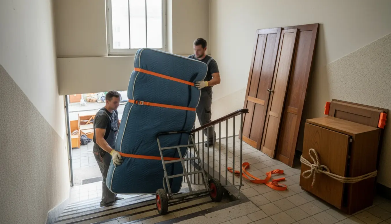 Flyttefolk bærer en boxmadras og skabsdøre ned ad en opgangstrappe klar til storskrald.