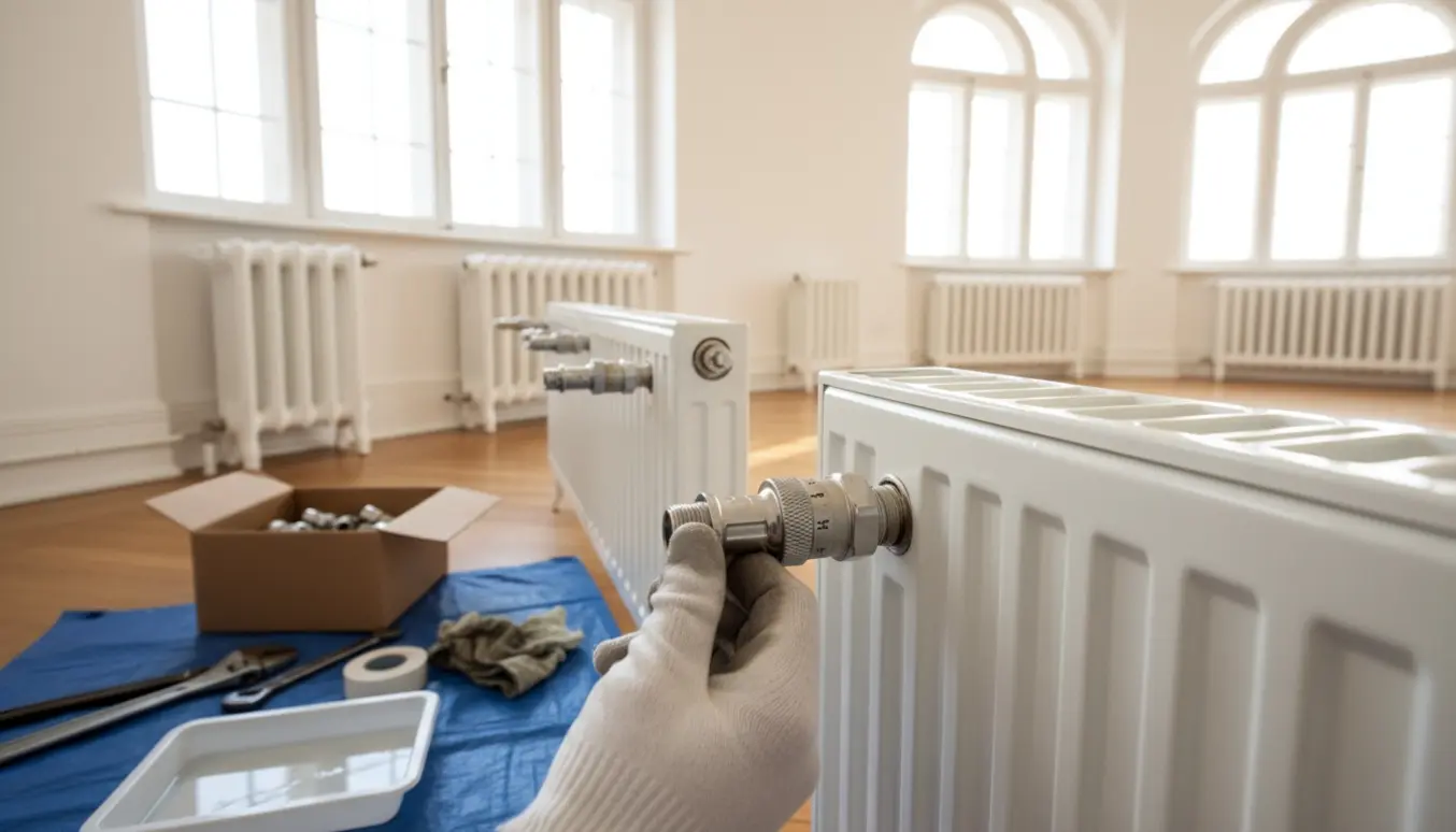 Hænder udskifter termostatisk ventil på en række syv radiatorer i et lyst hjem.