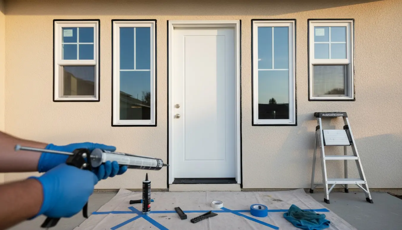 Nærbillede af sorte fuger omkring en ny hoveddør og tilstødende vinduer, hvor en hånd bruger en fugepistol.