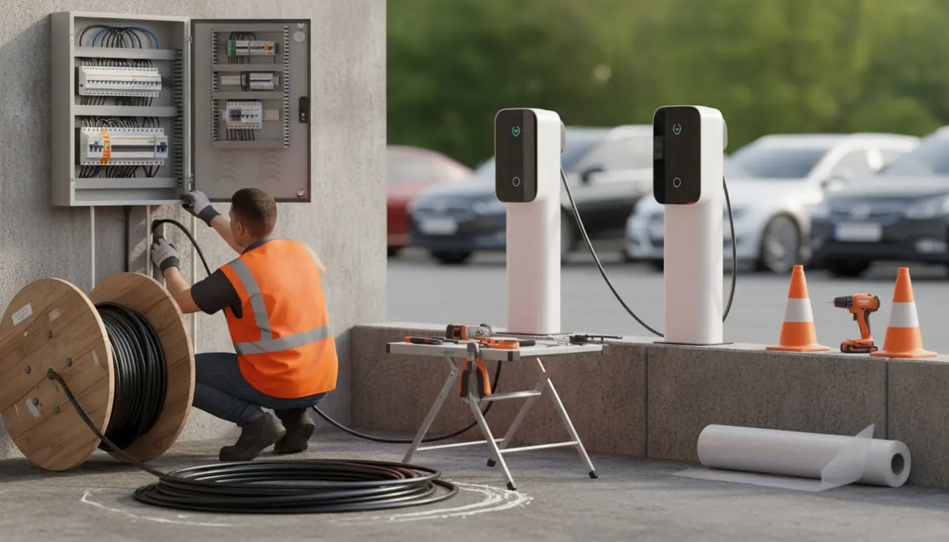 Elektriker trækker kabler fra eltavle til to el-ladestandere i en parkeringsplads.
