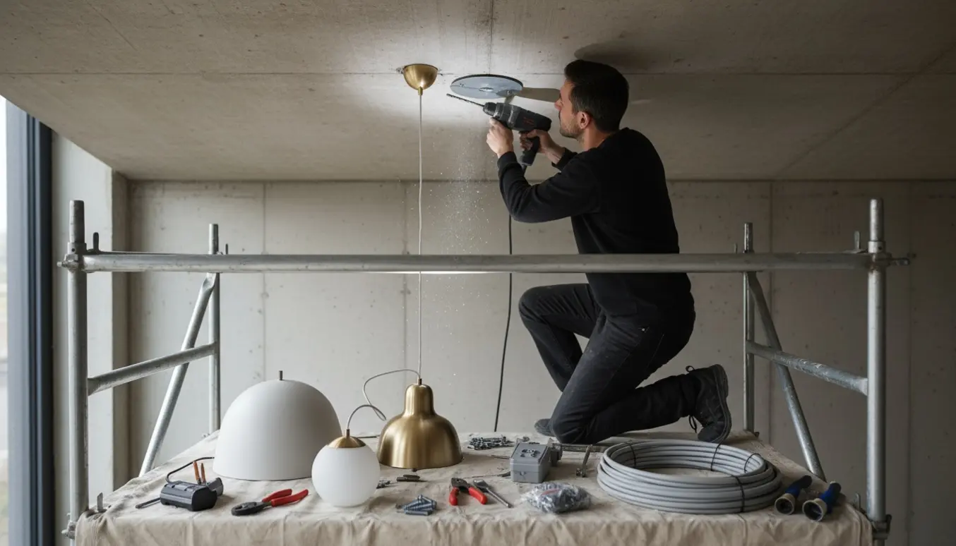 Værktøj og stillads ved montering af tre loftlamper i et rum med betonloft.