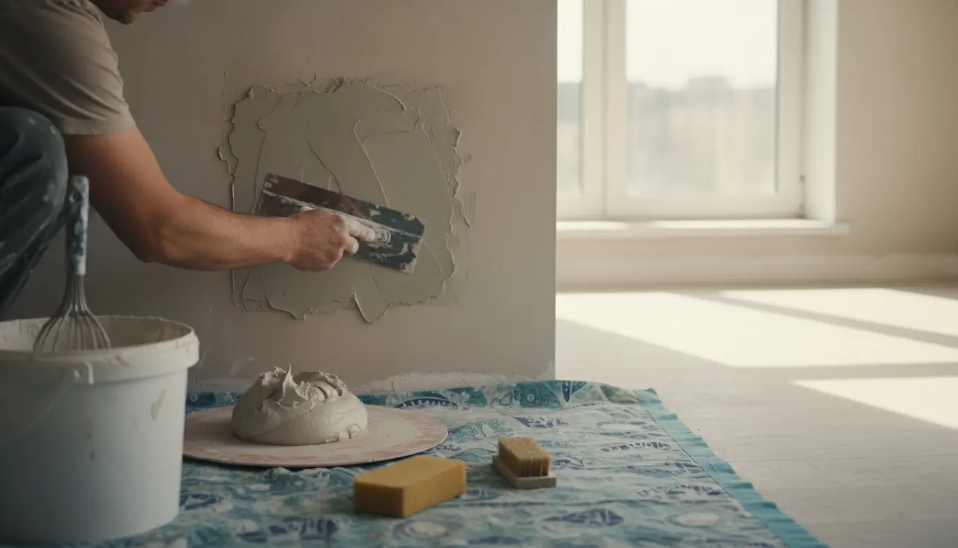 Nærbillede af hænder, der udjævner våd puds på et lille vægafsnit med spartel og balje ved siden af.