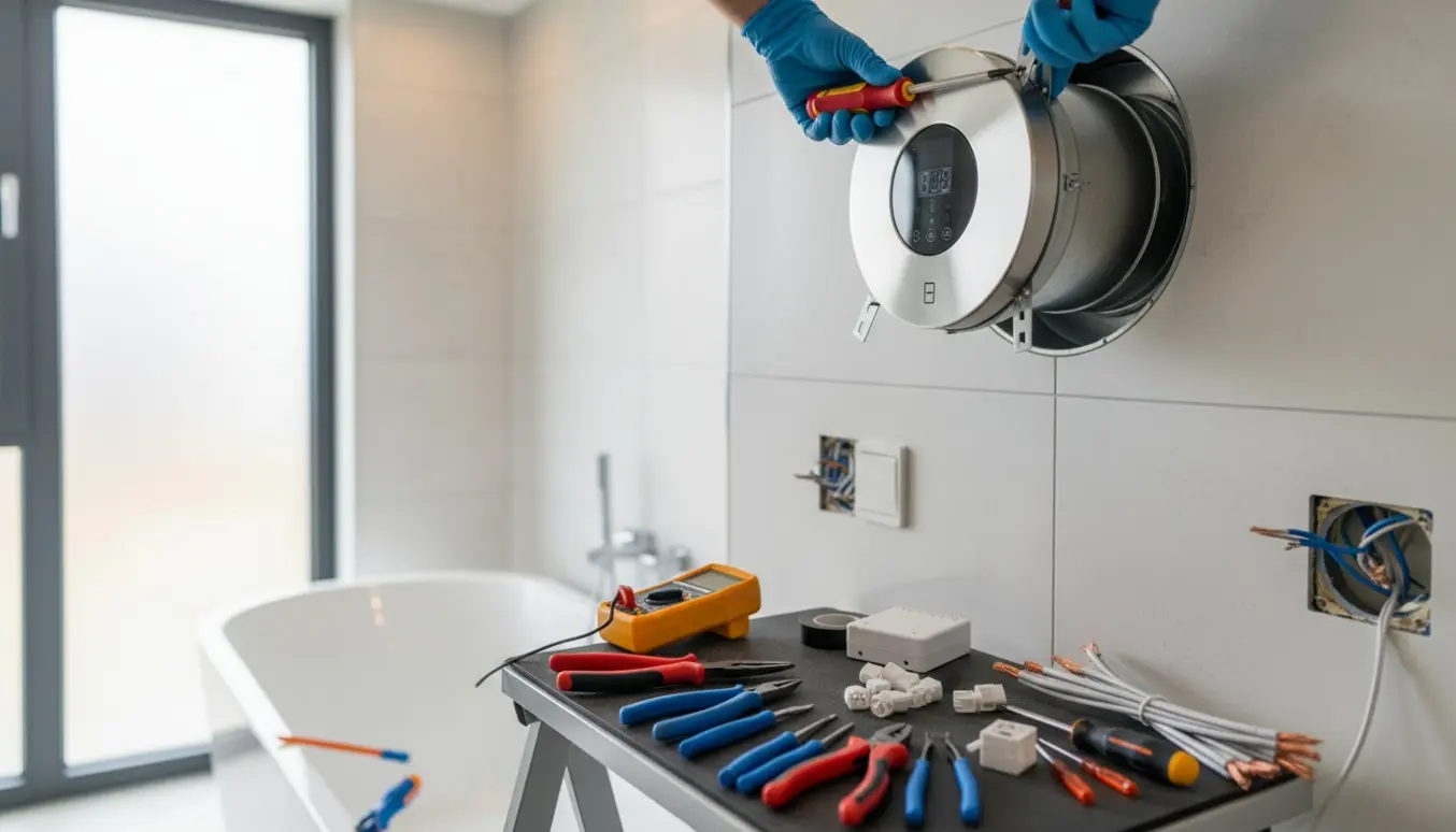 Nærbillede af montering af vådrumsventilator i flisebadeværelse med hænder, værktøj og ledninger.