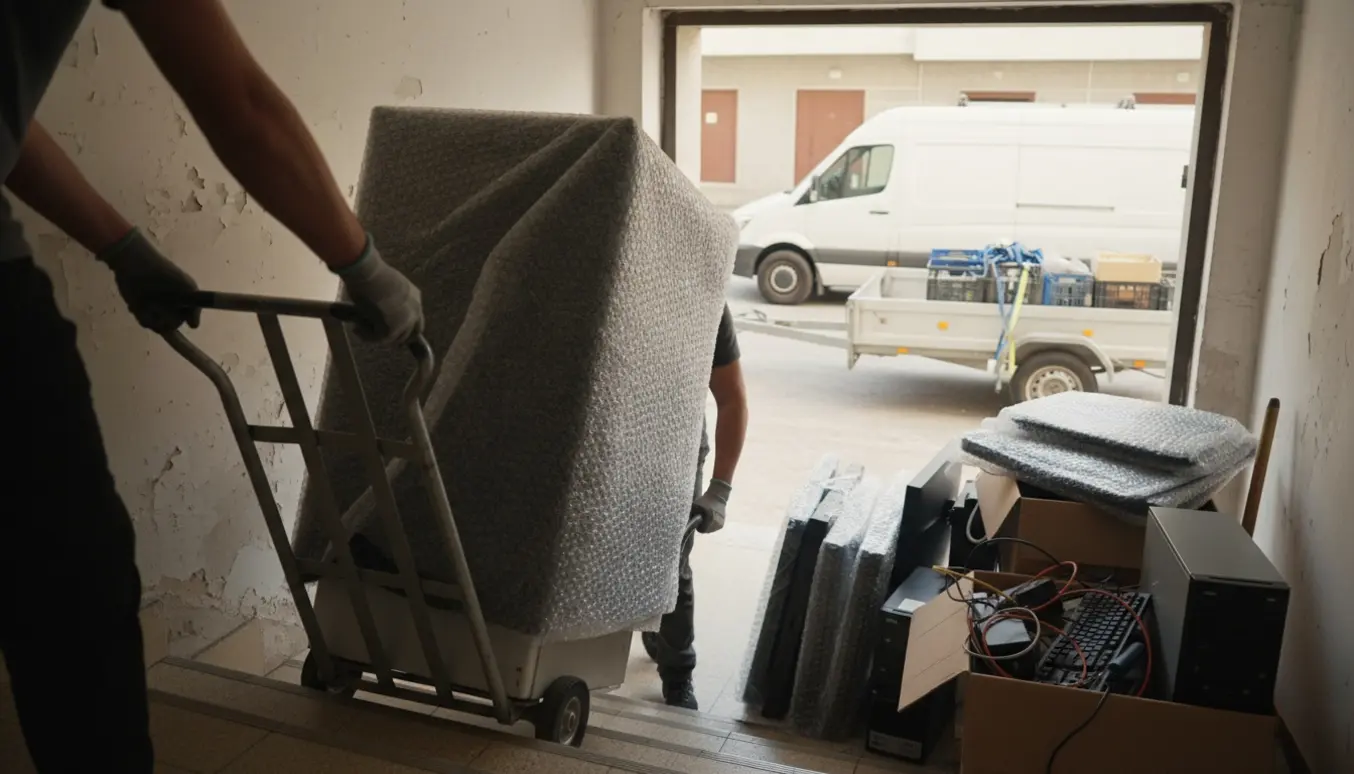 Flytning af elektronikskrot og et køleskab fra 2. sal mod en ventende kassevogn.