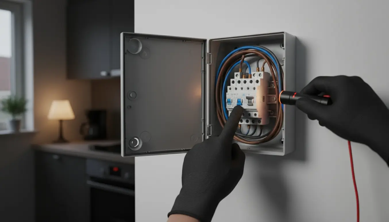 Åben eltavle med HFI-relæ slået fra efter tryk på testknap, handskepeget finger og lommelygte viser strømafbrydelsen.