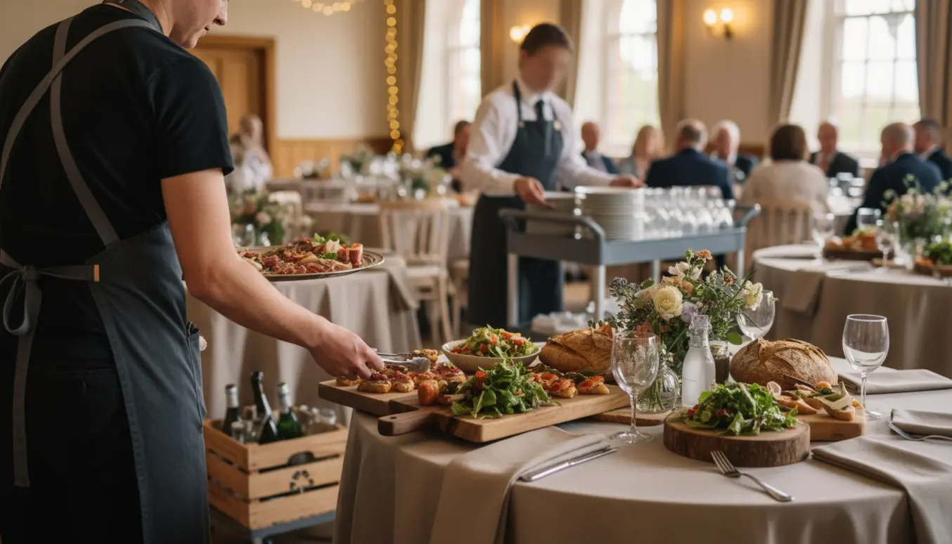 To tjenere anretter mad på fade ved femmandsborde i en lys bryllupsreception, mens en medarbejder rydder op i baggrunden.