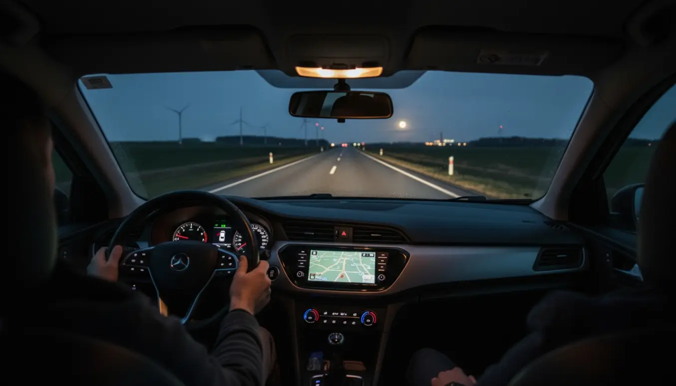 Nattebillede fra bagsædet af en bil på motorvejen med oplyst instrumentbræt og silhouetter af to personer.