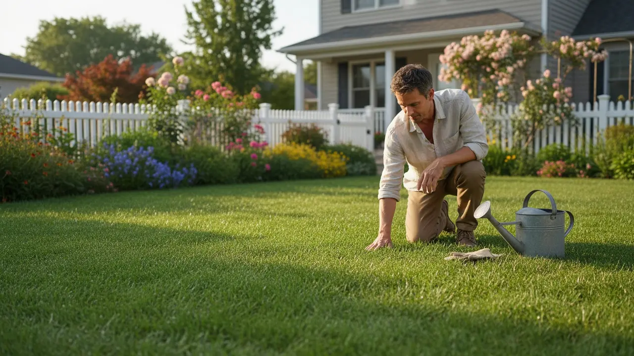 Oversigtsbillede af en velplejet græsplæne i en dansk have med person, der inspicerer græsset.