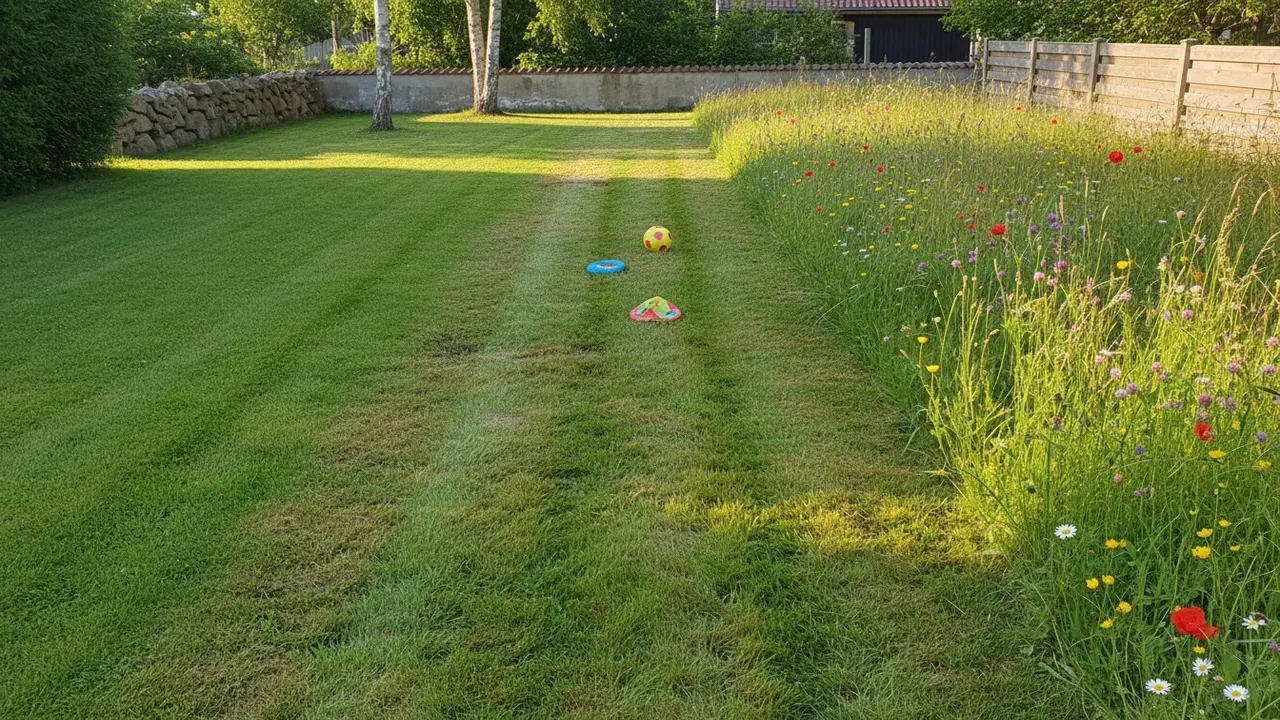 Tre nabestrimler: prydplæne, brugsplæne og naturplæne vist side om side i naturligt lys.