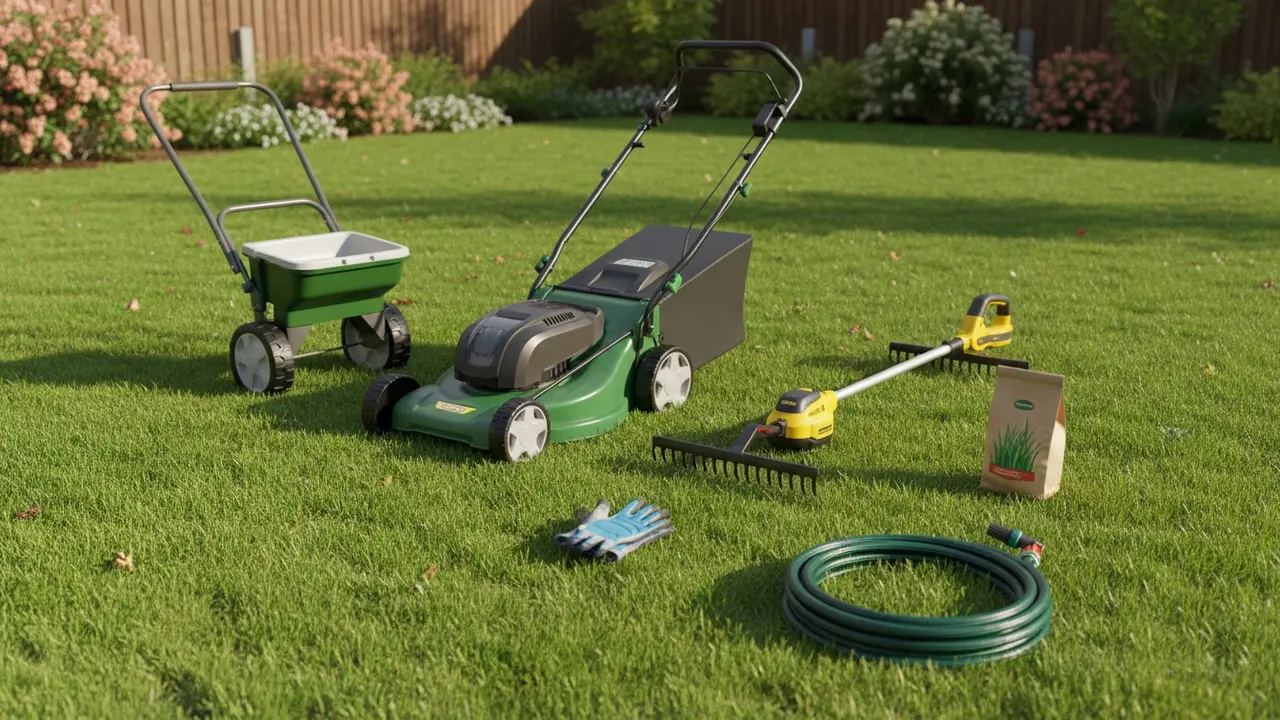 Udvalgte plæneplejeredskaber lagt pænt oppe på græsset: klipper, trimmer, rive, spreder og slange.