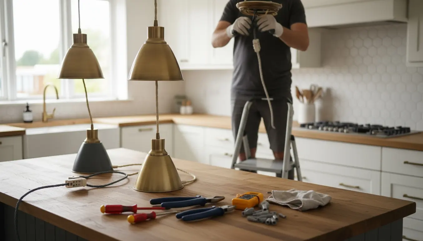 Hænder på en stige fjerner en loftslampe mens to nye pendler og værktøj ligger klar i et lyst køkken.