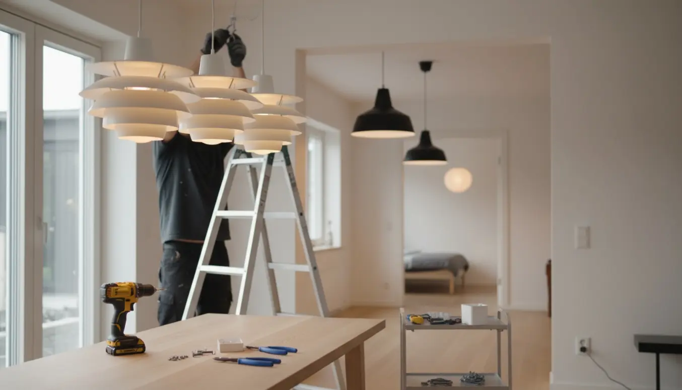 Tekniker på stige monterer tre PH-lamper over et spisebord med Hektar-lamper i gangen og en rispapirlampe i baggrunden.