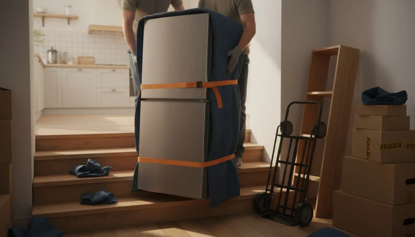 To personer bærer et køleskab ned ad en trappe ind i et lyst køkken, med handsker og løfteudstyr, uden synlige ansigter.