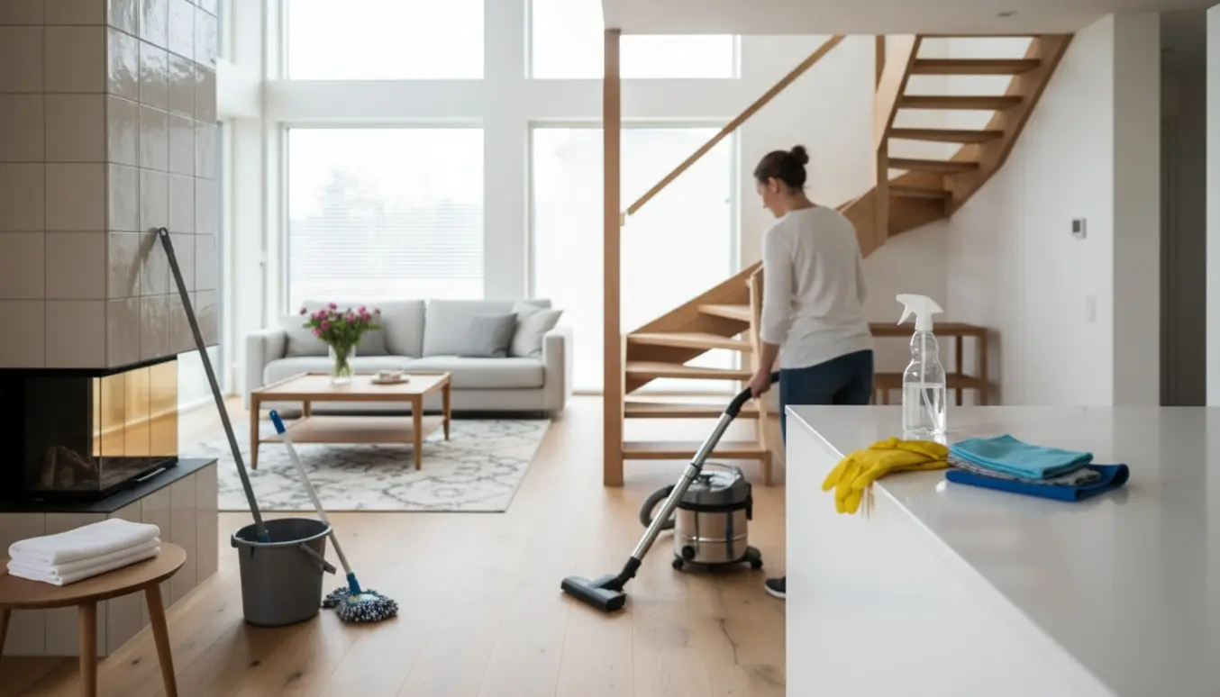 En rengøringsperson ses bagfra støvsuge i et lyst villaopholdsstue med rengøringsudstyr i nærheden.