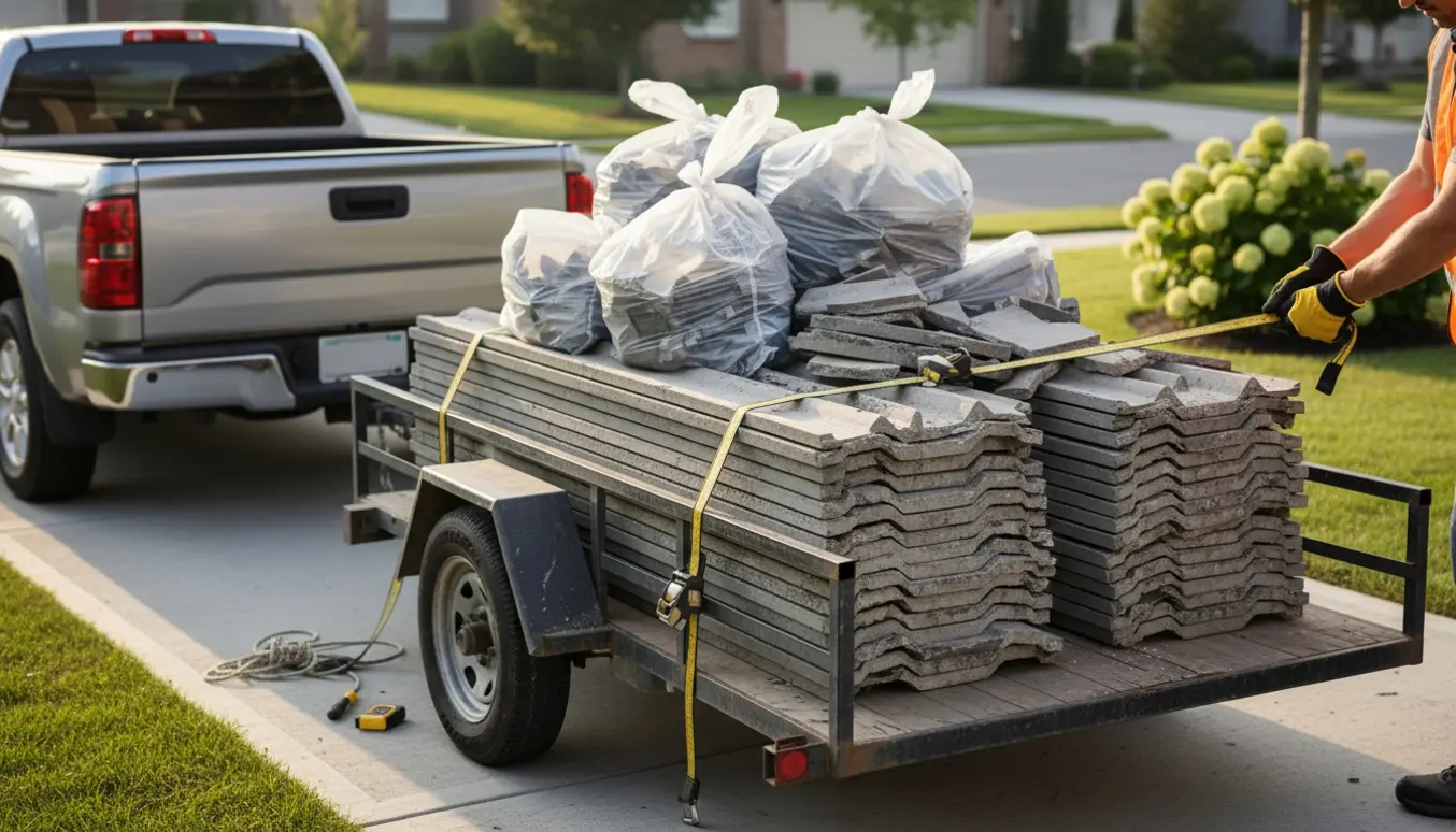 En trailer læsset med fiber-cement tagplader, nogle knækkede og småstykker samlet i plastikposer.