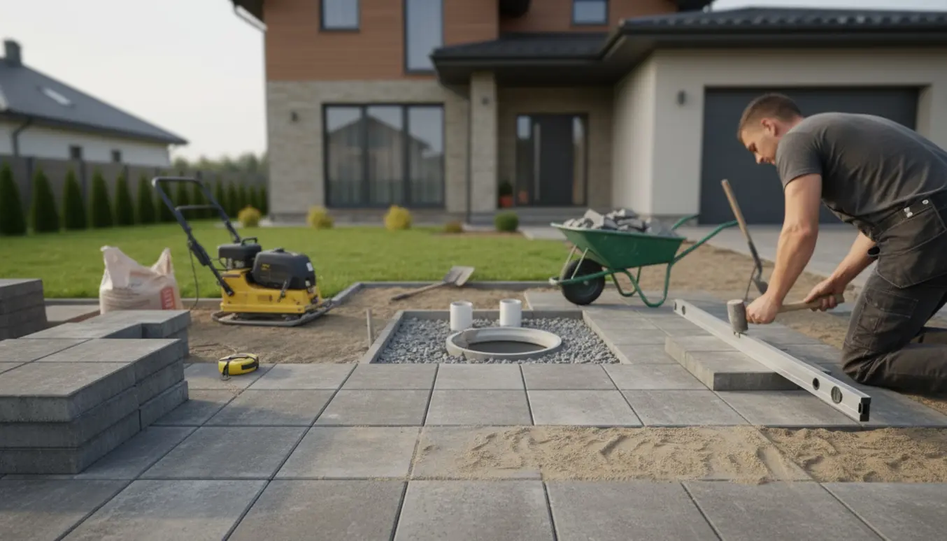 Ny indkørsel under anlæg med store 40x40 cm fliser på bærelag, værktøj og tilsluttet tagnedløb til eksisterende brønd.