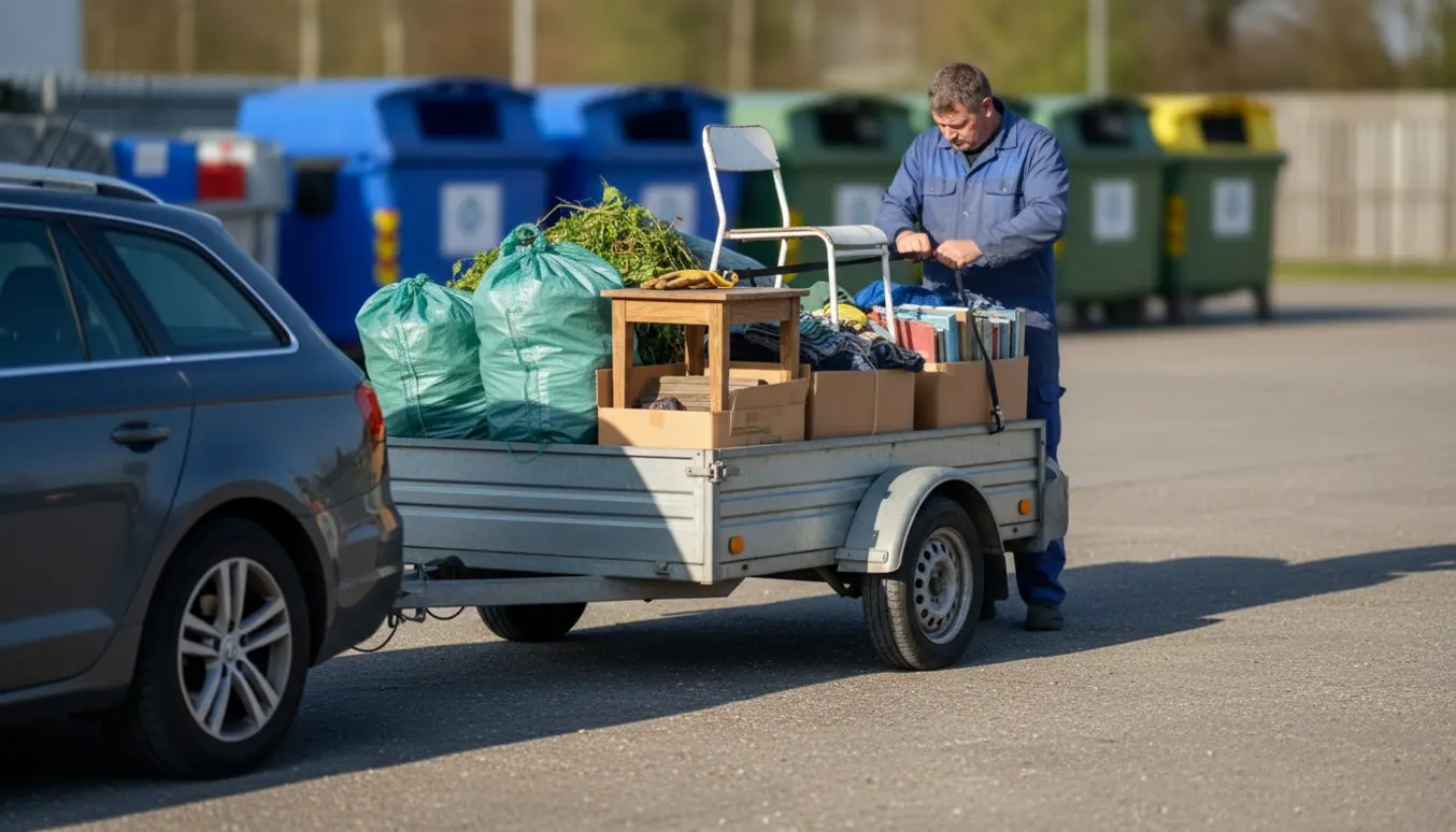 Trailer lastet med haveaffald, pap, små møbler og bøger mens en håndværker spænder remme ved en genbrugsstation.