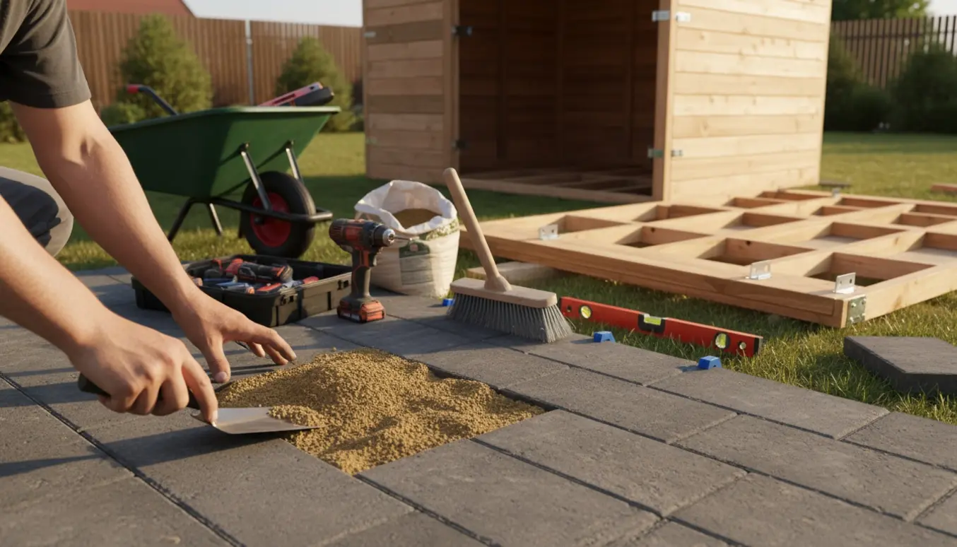 Delvist opbygget havehus ved siden af nymalagt flisebelægning med værktøj og gul pose sand.