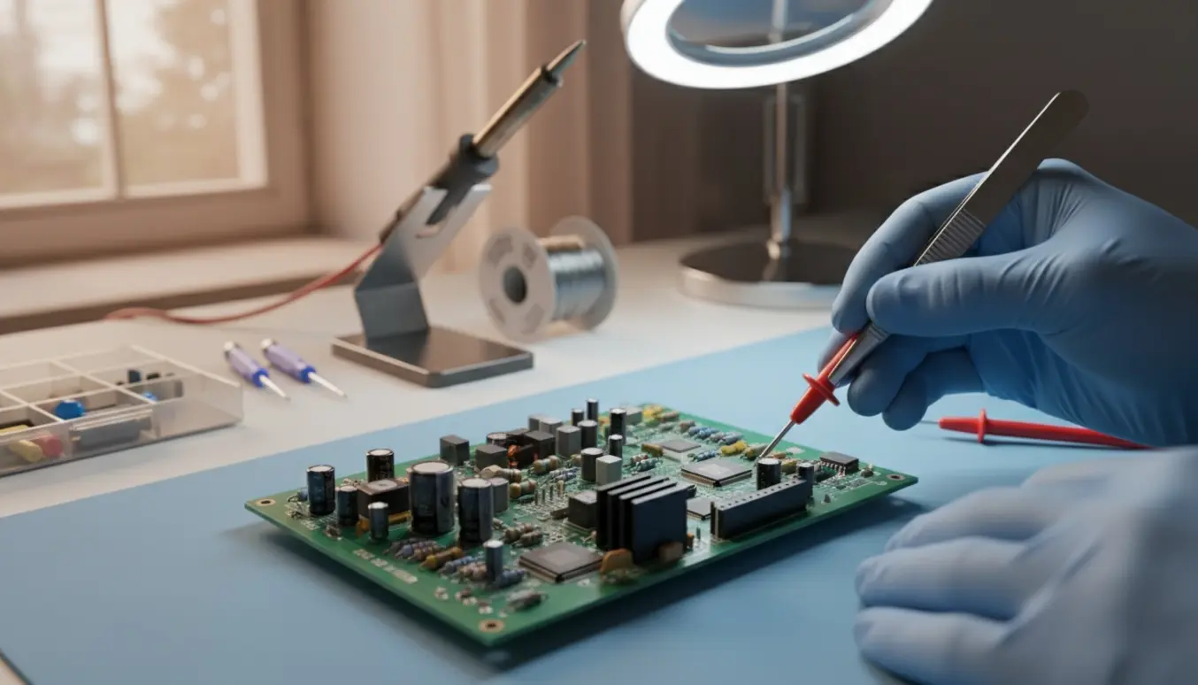 Nærbillede af en tekniker, der inspicerer et ældre subwoofer-kredsløbskort på en ryddelig elektronikarbejdsplads med loddekolbe og multimeter.