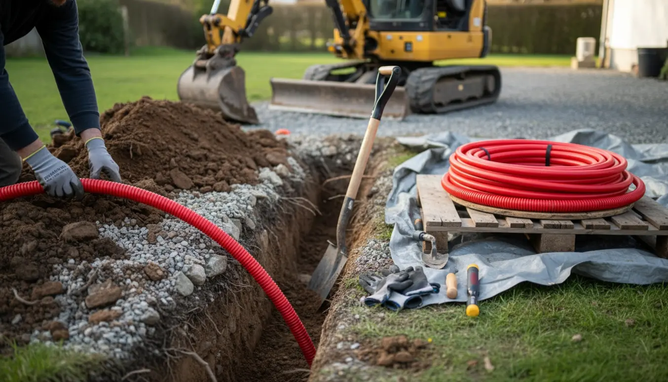 Rødt kabelrør lægges i en friskgravet rende med gruslag, spade og en minigraver i baggrunden.