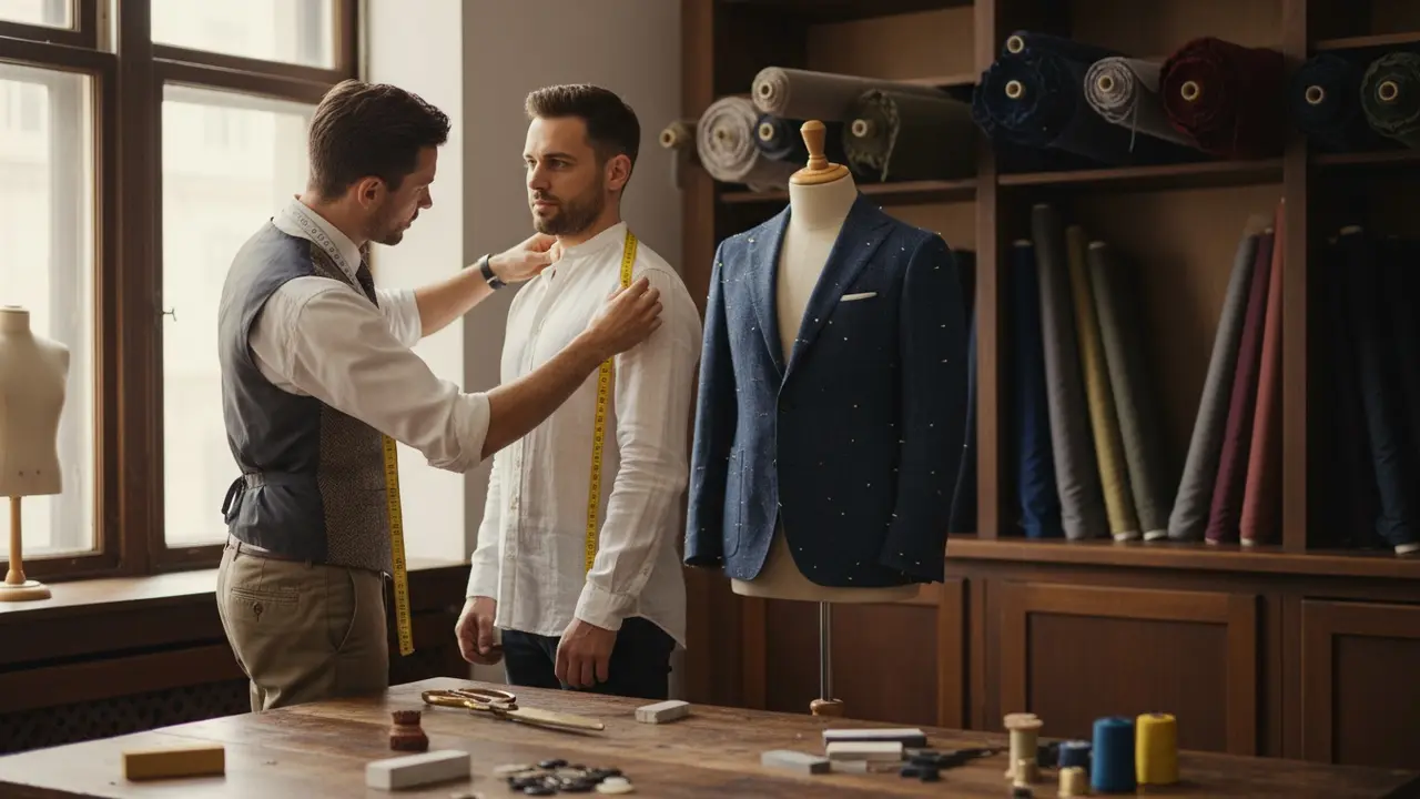 Skrædder måler en klient foran mannequin i et skrædderværksted