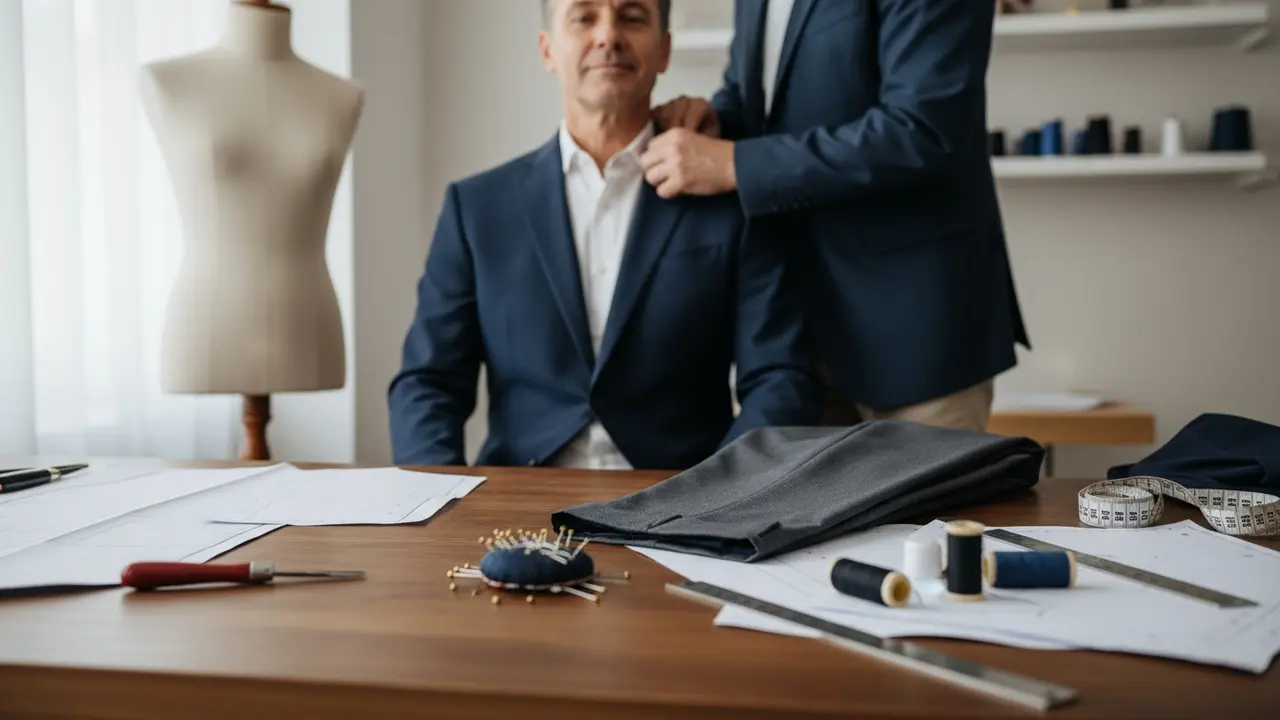 Skrædder laver tilpasninger på jakke og bukser med værktøj på bordet