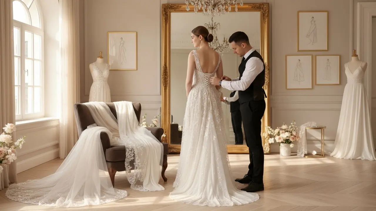 Brud prøver bryllupskjole mens skrædder foretager tilpasninger ved spejl