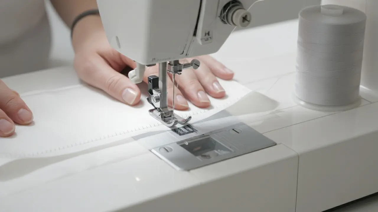 Nærbillede af syning i silke med silkepapir og fin nål ved symaskine