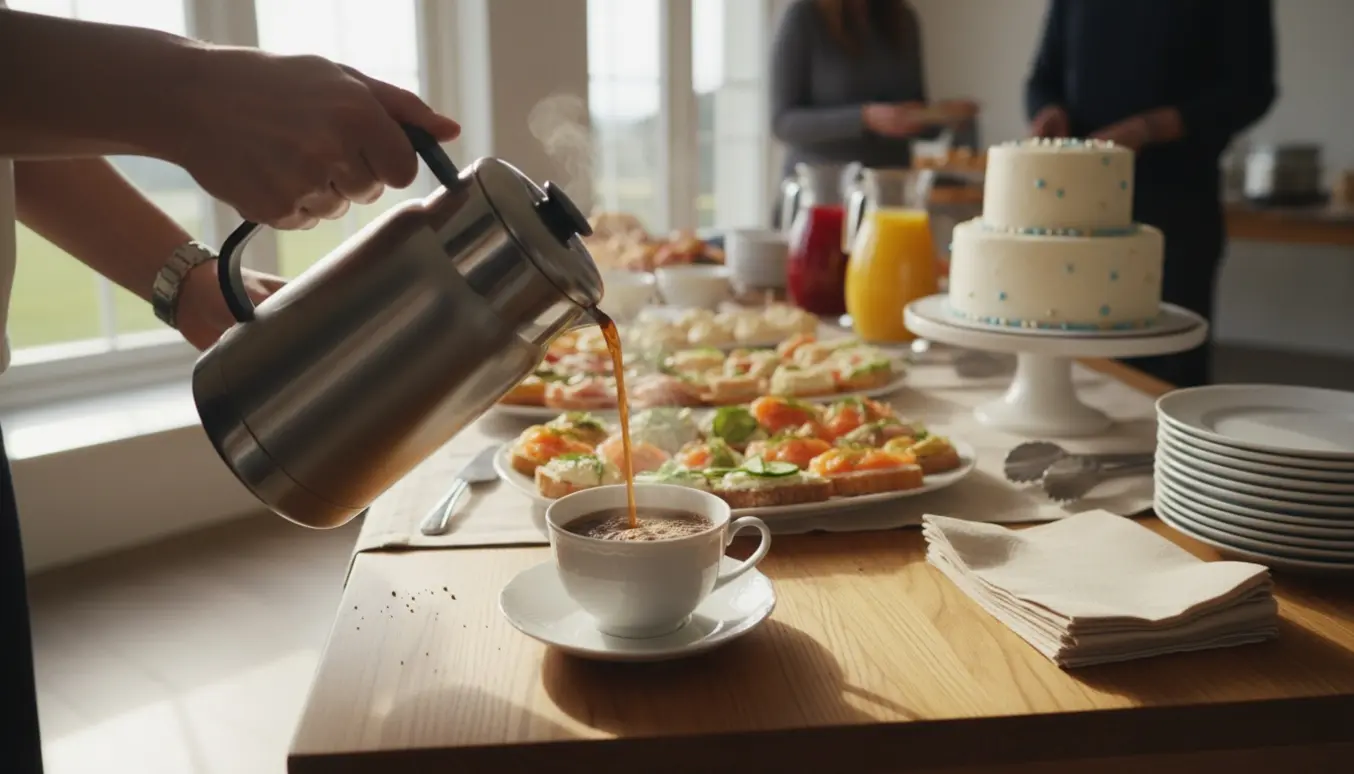 Hænder hælder kaffe og arrangerer buffet til en konfirmationsreception.