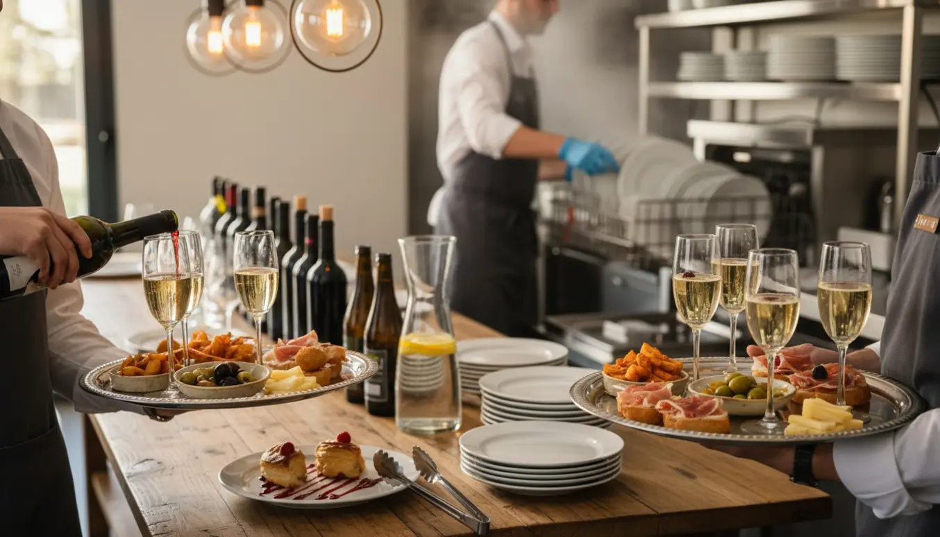 Serveringspersonale bærer tapas, velkomstdrinks og vin frem ved en privat studenterfest, mens andre vasker og sætter service på plads.