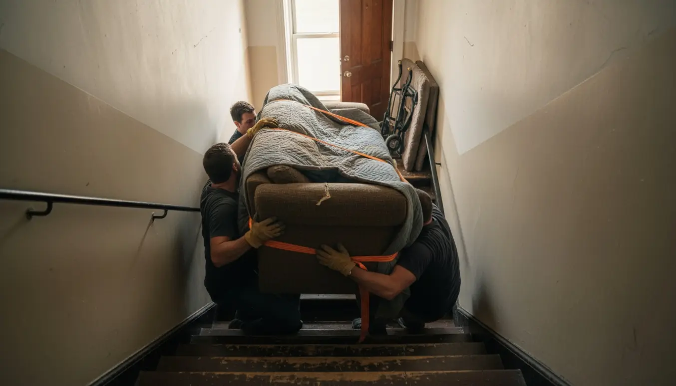 Tre personer løfter en tung sovesofa op ad en smal trappe mod tredje sal, kun arme og rygge er synlige.