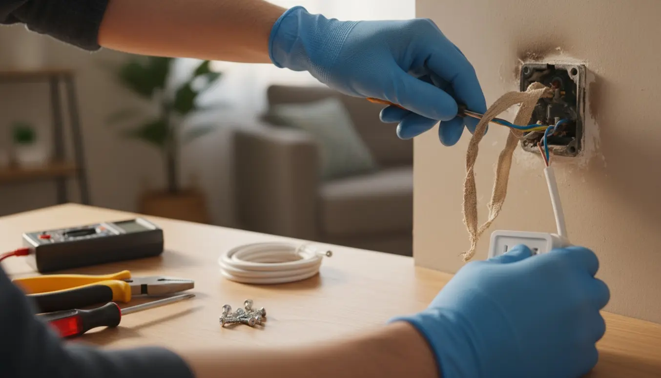 Nærbillede af handskerklædte hænder, der udskifter gamle stofisolerede ledninger og monterer en ny stikkontakt i væggen.