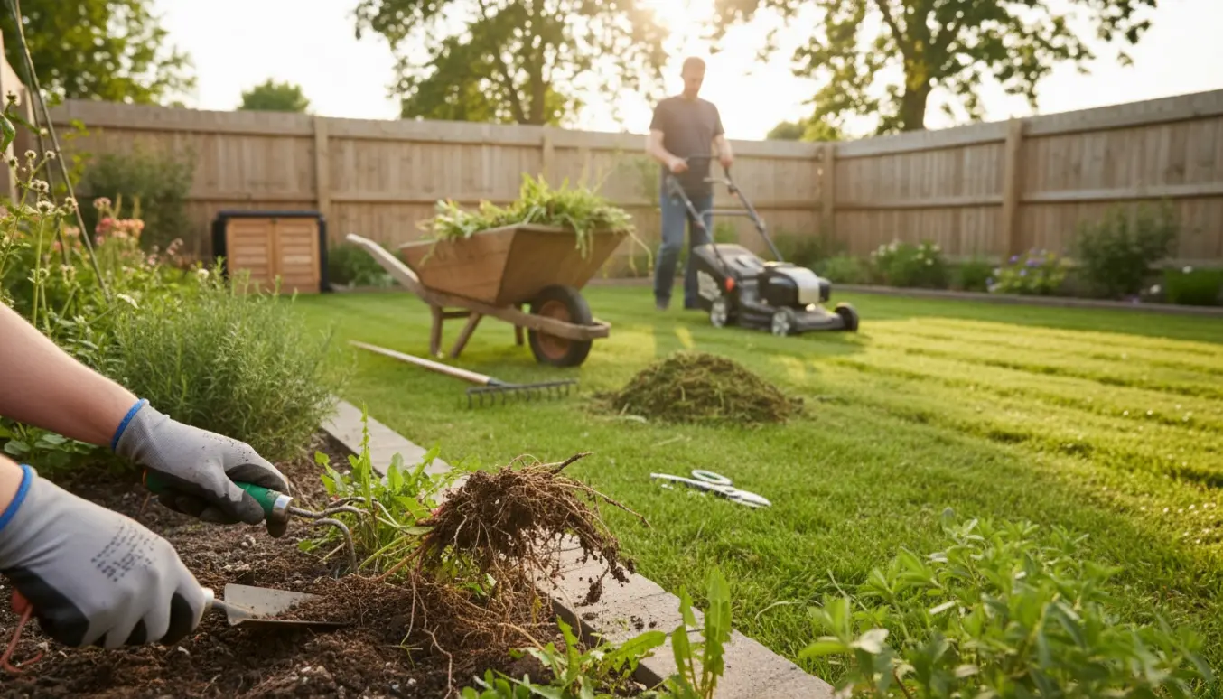 Handsker og haveredskaber fjerner ukrudt mens en plæne slås i en solbeskinnet baghave.