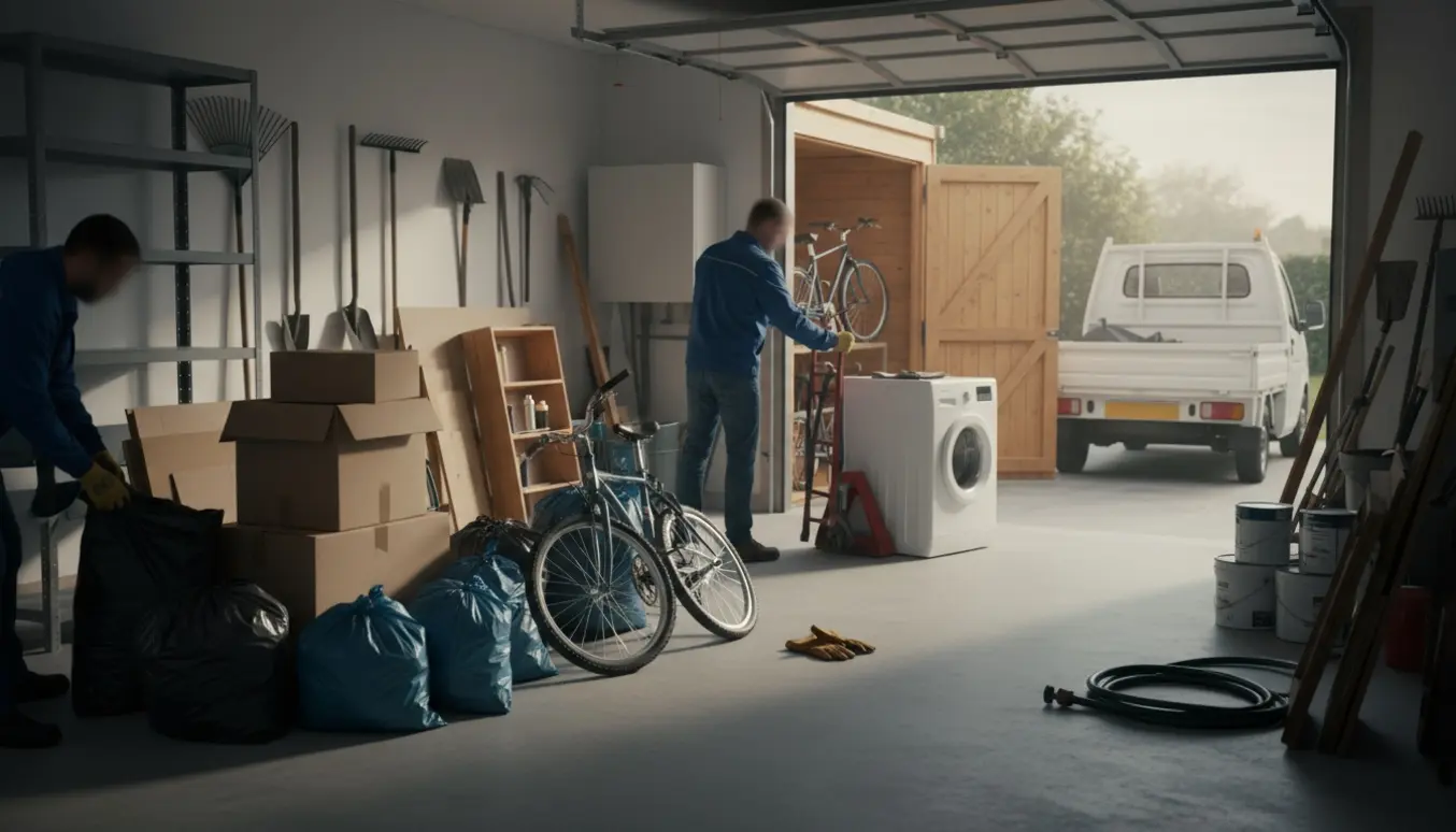 Åben garage og cykelskur under oprydning med sække, kasser og flytteudstyr klar til afhentning.