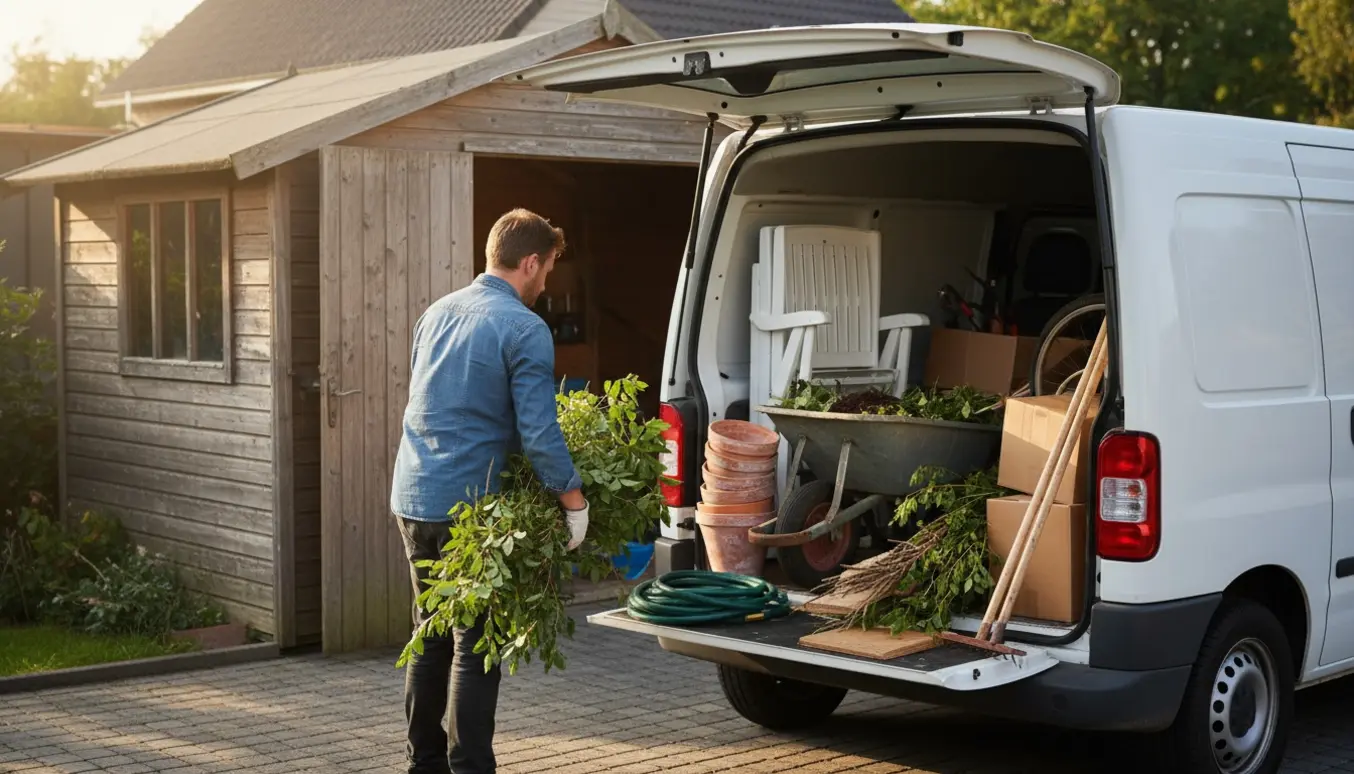 Person læsser blandet have- og skuraffald i bagenden af en varevogn på indkørslen.
