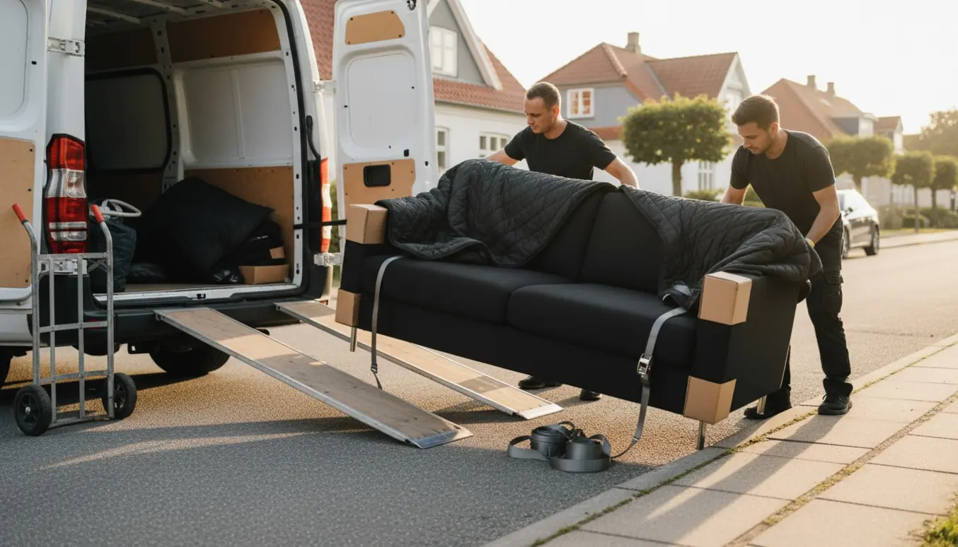 To flyttemænd læsser en sort sofa ind i en hvid varevogn på en stille villavej.