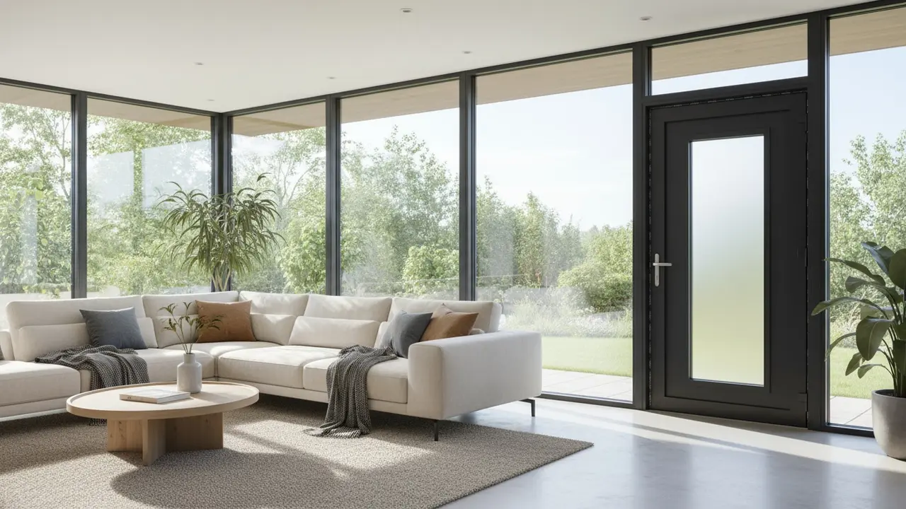 Lyst boliginteriør med store vinduer og yderdør i fokus, sollys gennem ruderne