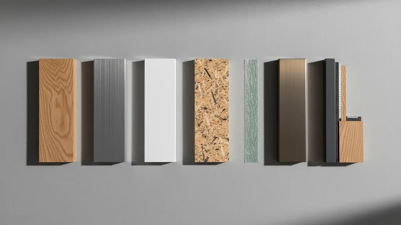 Nærbilleder af rammeprøver: træ, aluminium, PVC, komposit, glasfiber og stål