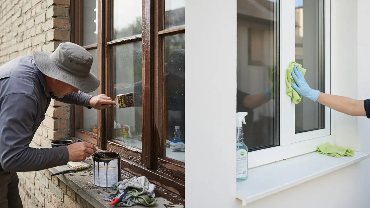 Person vedligeholder trævindue med maling til venstre og renser moderne PVC-vindue til højre