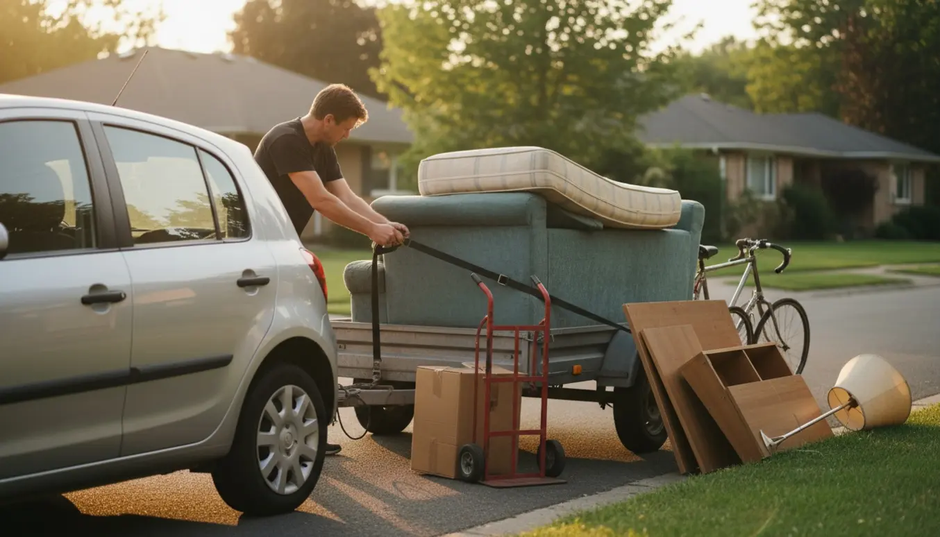 En person læsser storskrald på en trailer ved fortovet med møbler og kasser klar til afhentning.
