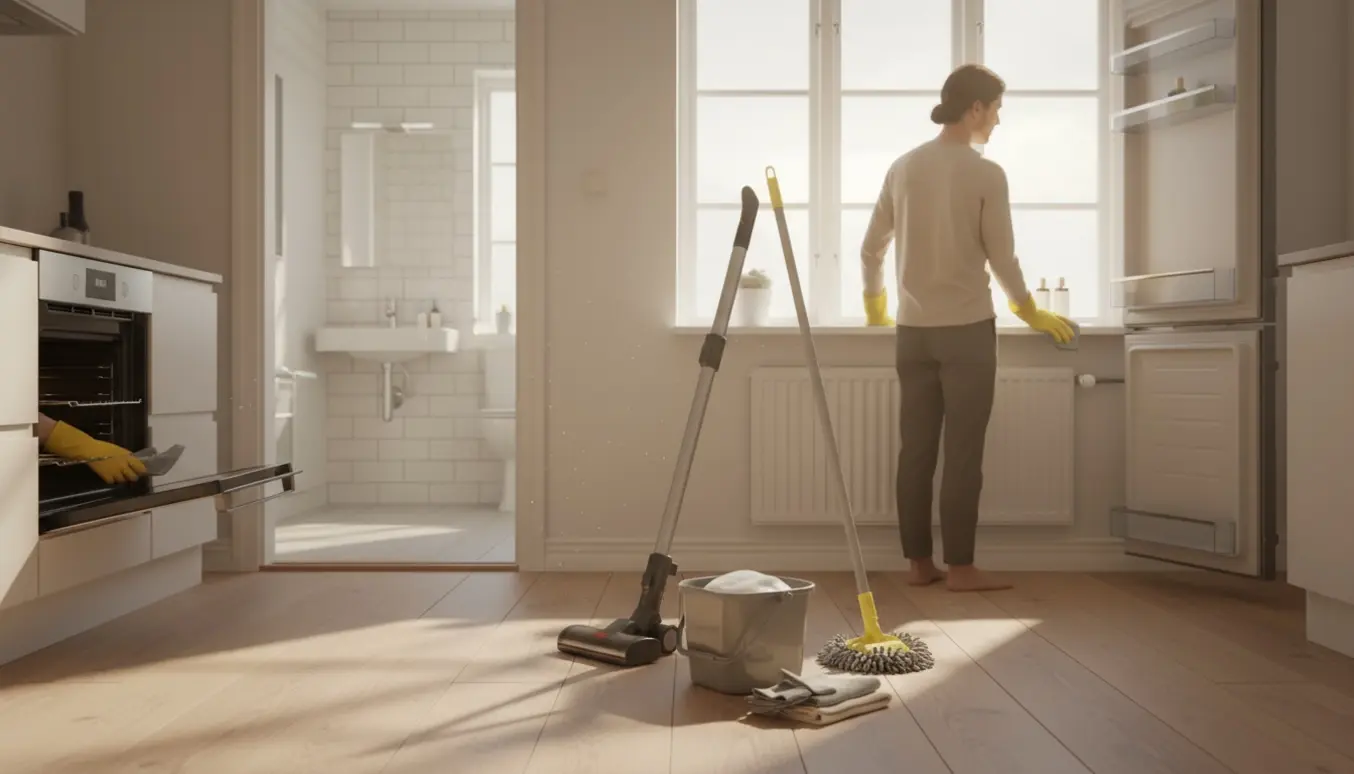 Hænder i handsker udfører fraflytningsrengøring i et lyst skandinavisk hjem med støvsuger, moppe og vinduespudser.