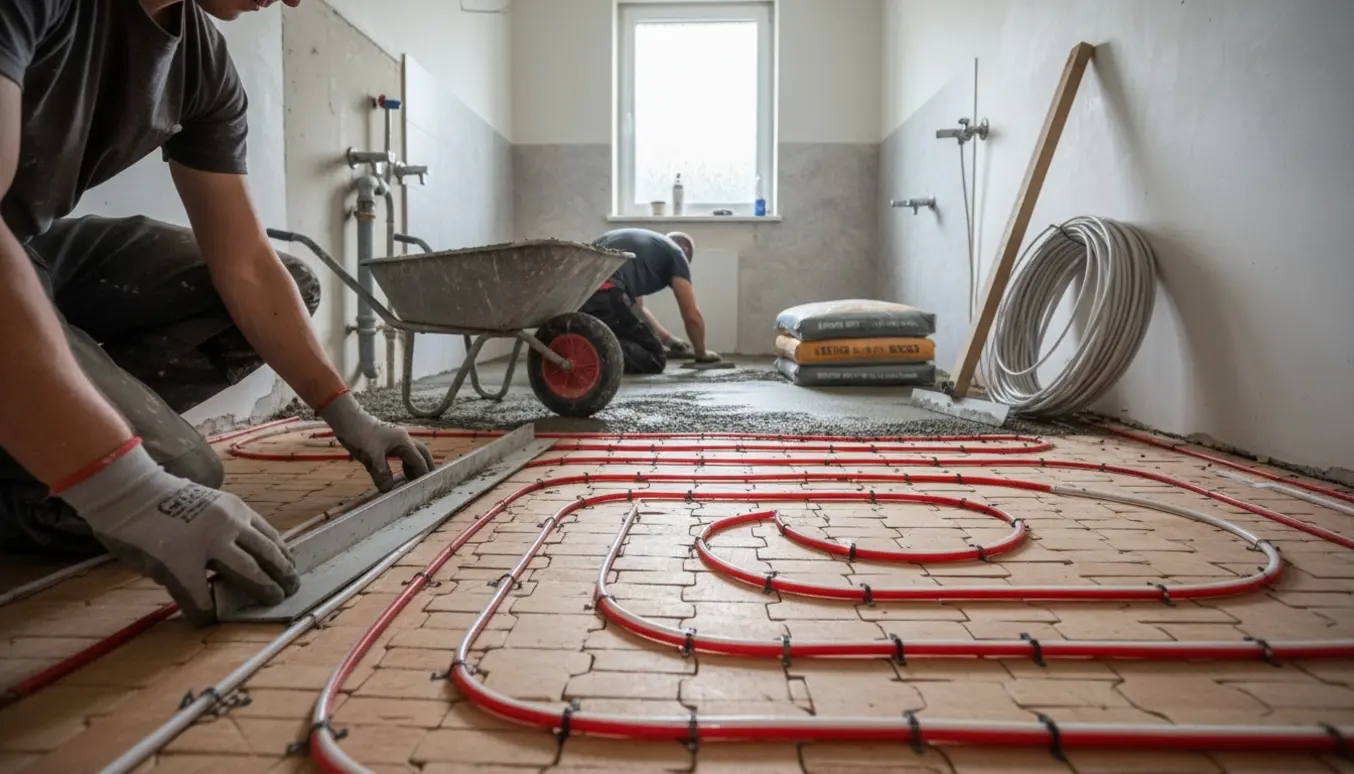 Lille badeværelse under renovering med svalehaleplader og gulvvarmerør klar til støbning.