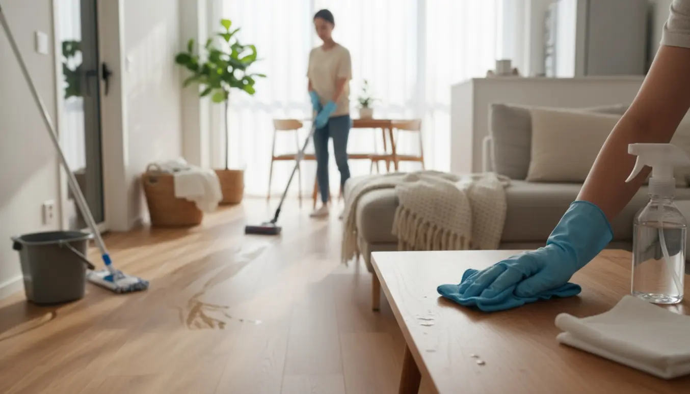 Solbelyst, moderne stue i et hus hvor rengøring er i gang, med handske‑klædte hænder der tørrer et sofabord.