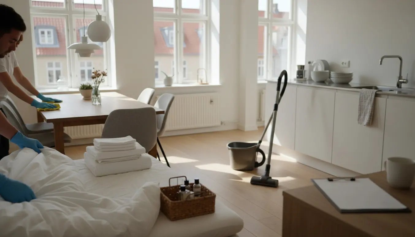 Lys skandinavisk lejlighed i København med rengøringsudstyr, glatte senge og hænder i handsker klar til udlejning.