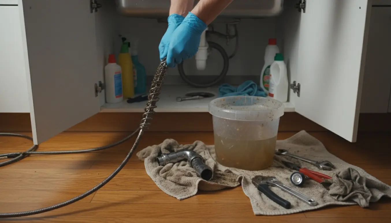 Køkkenvask med åben underskab og et langt rensekabel, hvor handsker og spand opsamler beskidt vand.