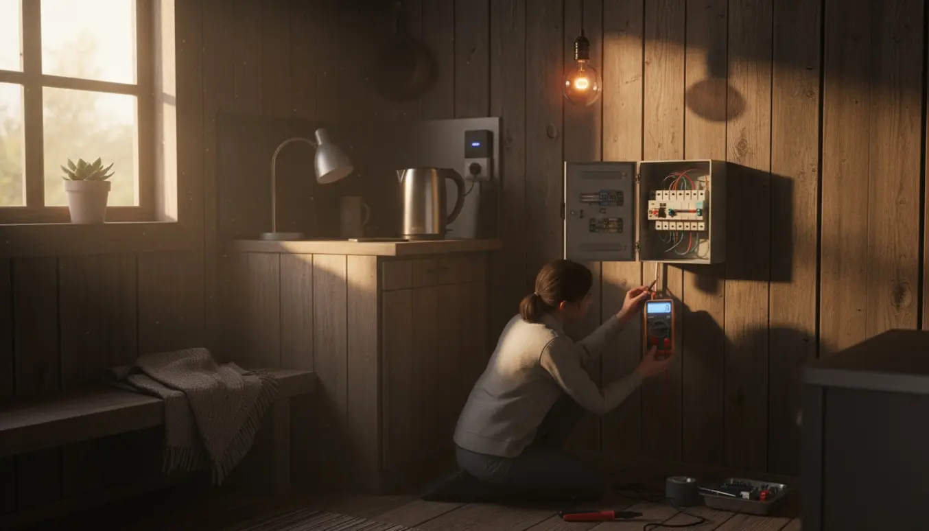 Hænder undersøger en åben sikringsboks i et kolonihavehus med multimeter og værktøj.