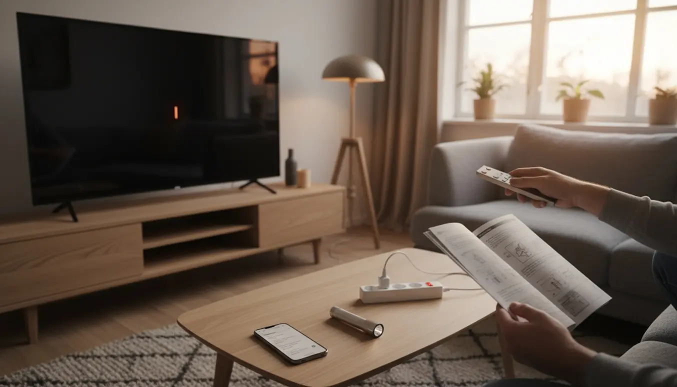 Hænder prøver at starte et moderne tv efter strømsvigt med fjernbetjening, åben manual og mobil på sofabordet.